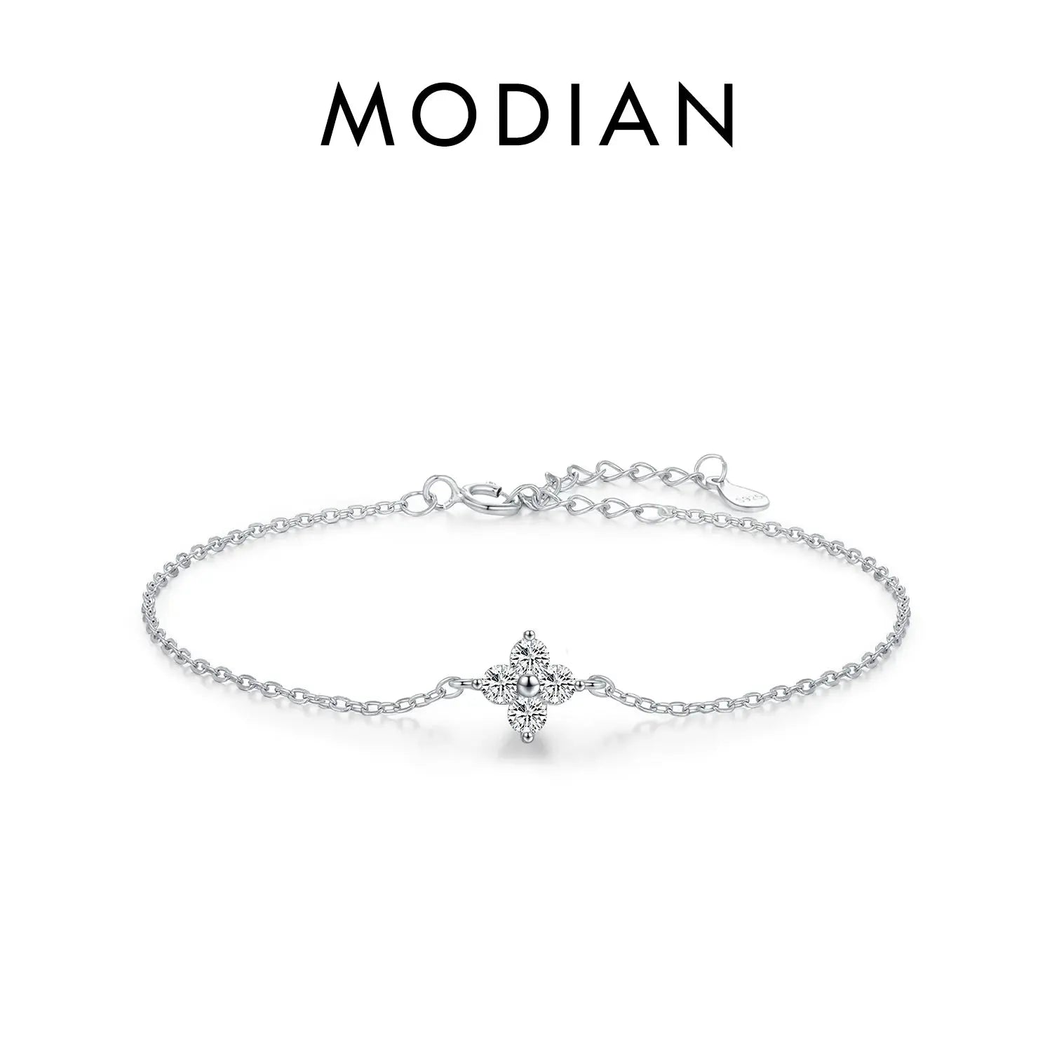 MODIAN 925 Sterling Silver Stackable Four Leaf Clover CZ Bracelet For White Gold Plated Link Chain Women Party Fine Jewelry by All Mart Bristol Ltd