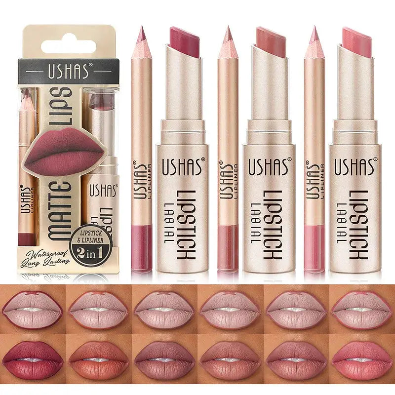 USHAS 12 Color Lip Liner + LIPSTICK Set Easy Coloring Matte Lipstick Long lasting nude red lipstick by All Mart Bristol Ltd