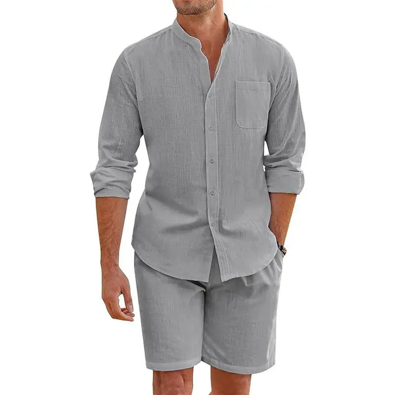 Daily Casual Breathable Cotton Linen Outfits Mens Vintage Stand Collar Button-up Shirts And Shorts Sets For Men Clothing Summer by All Mart Bristol Ltd