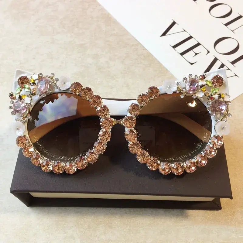 Brand Design Handmade Rhinestone Cat Eye Sunglasses Fashion Glasses Women Flower with Pearl Round Vintage Sunglasses Beach Party by All Mart Bristol Ltd