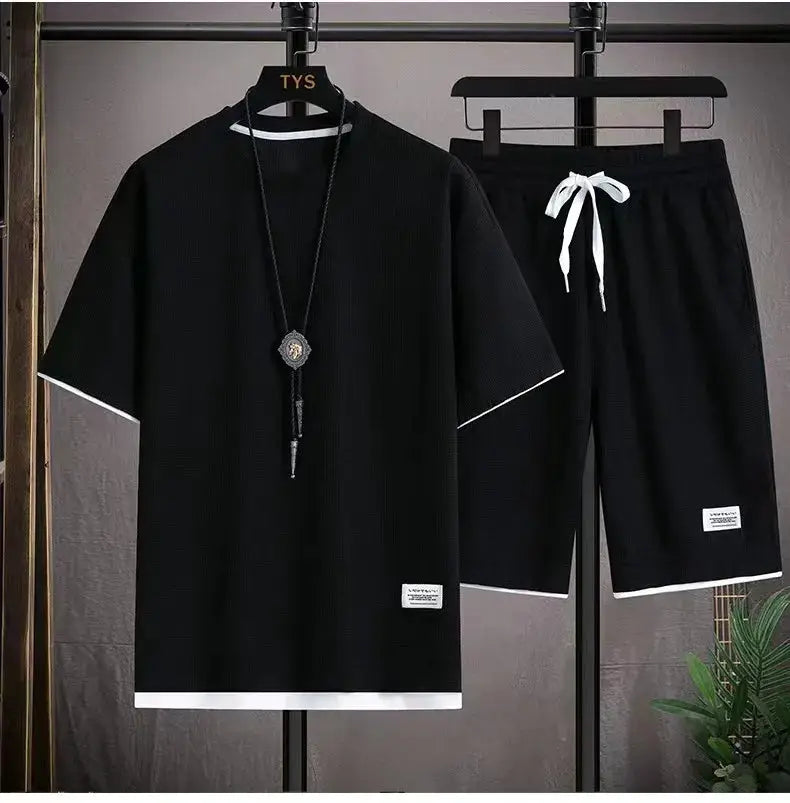 2026 new Summer Men's Waffle Sets Casual T-Shirt And Shorts Set Male Sports Suit Solid Color Tracksuit Loose Suits by All Mart Bristol Ltd