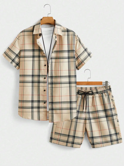 Street Casual Men's Suit Personalized Fashion Plaid Printed Pattern Short Sleeve Lapel Shirt and Shorts Men's Two Piece Set by All Mart Bristol Ltd