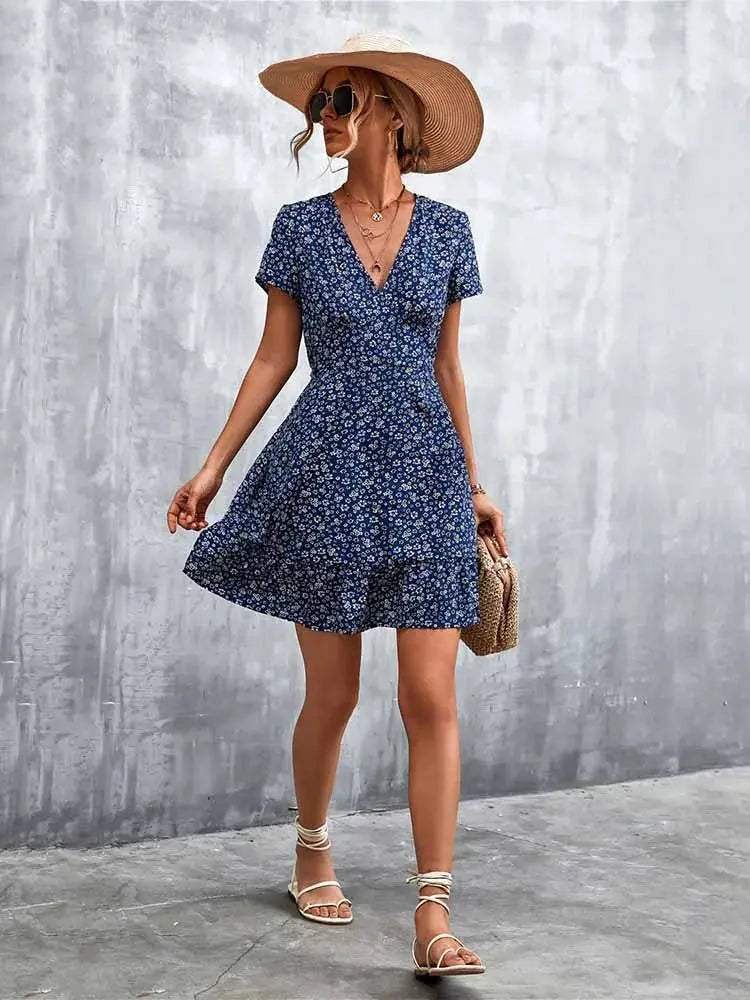 Summer Short Boho Dress Women V Neck Print Floral Party Dress Ladies Bohemian Flower Mini Dress For Women by All Mart Bristol Ltd