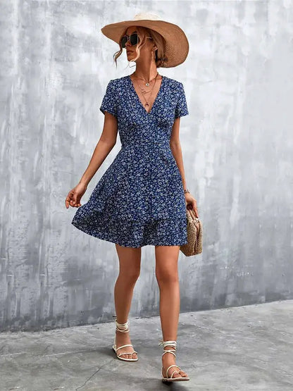 Summer Short Boho Dress Women V Neck Print Floral Party Dress Ladies Bohemian Flower Mini Dress For Women by All Mart Bristol Ltd
