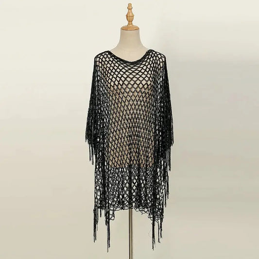 Sexy Lace Shawls for Women Solid Color Gold and Silver Wire Hollow Out Long Pareos with Tessles Muslim Female's Stole by All Mart Bristol Ltd