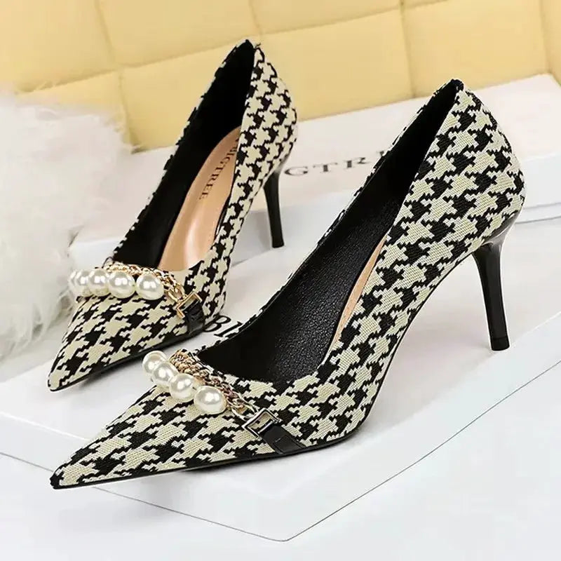 BIGTREE Shoes 2026 Spring Women Pumps Pearl Metal Chain High-heels Checked Grain Stilettos Women Heels Luxury Banquet Shoes 43 by All Mart Bristol Ltd