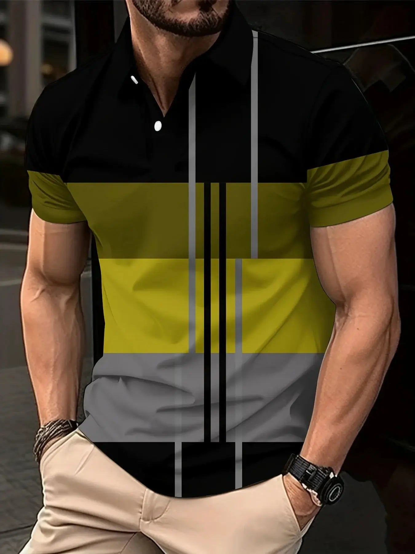 New Male Golf Stripe Polo Men's Casual Short-Sleeved Polo Shirt Solid Color Lapel Fashion Business Sports Breathable T-Shirt Top by All Mart Bristol Ltd