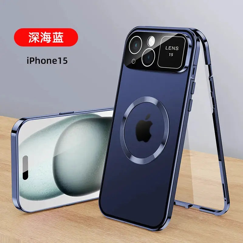 For iPhone 16 15 14 13 12 Pro Max Large Window Lens Protection Aluminum Metal Magnetic Case Shockproof Cover Screen Protector by All Mart Bristol Ltd