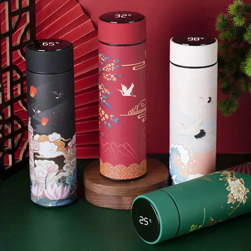 Thermal Mug Water Bottle Thermos Chinese Style Ins Illustration Vacuum Flask Stainless Steel Display Temperature Water Cup 500ML by All Mart Bristol Ltd