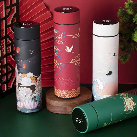 Thermal Mug Water Bottle Thermos Chinese Style Ins Illustration Vacuum Flask Stainless Steel Display Temperature Water Cup 500ML by All Mart Bristol Ltd