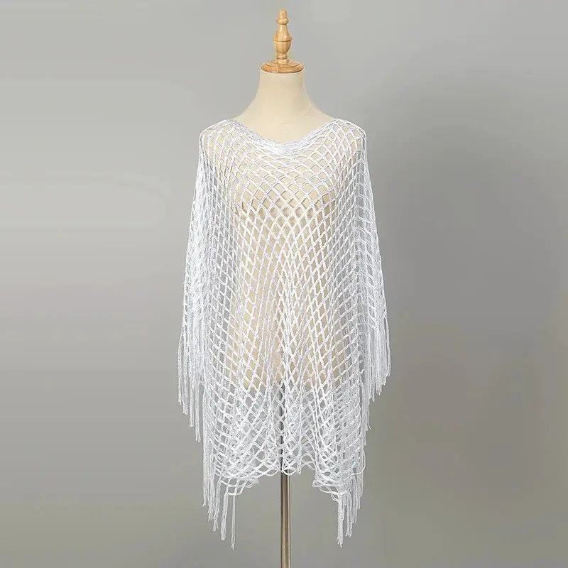 Sexy Lace Shawls for Women Solid Color Gold and Silver Wire Hollow Out Long Pareos with Tessles Muslim Female's Stole by All Mart Bristol Ltd