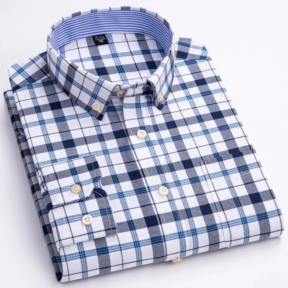 Men's Trendy Plaid Striped Lapel Collar Design Cotton Dress Shirts, Long Sleeve Casual Button Up Commuter Shirt For Spring/Fall by All Mart Bristol Ltd