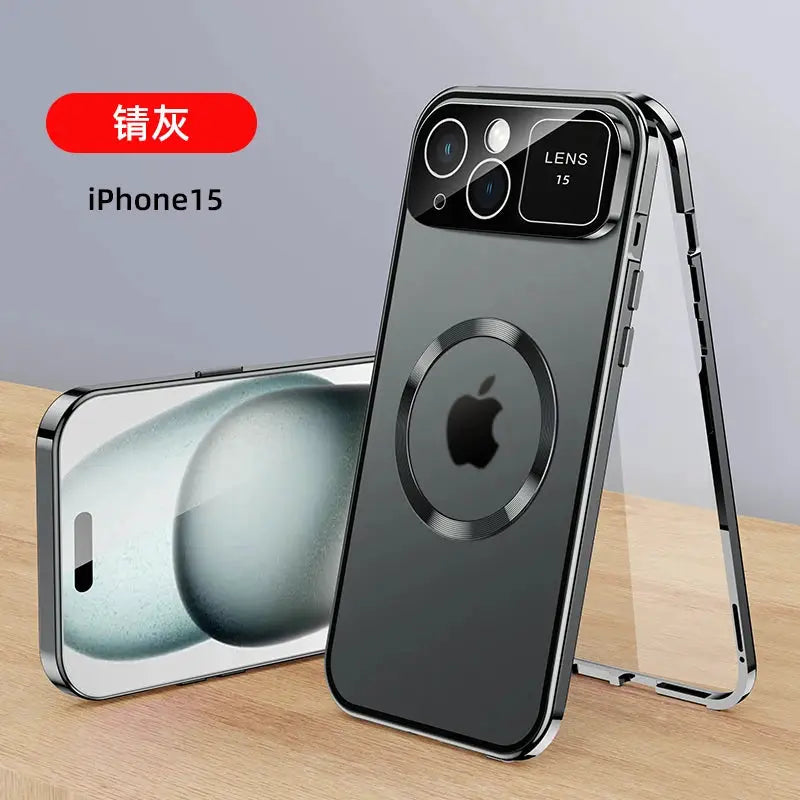For iPhone 16 15 14 13 12 Pro Max Large Window Lens Protection Aluminum Metal Magnetic Case Shockproof Cover Screen Protector by All Mart Bristol Ltd