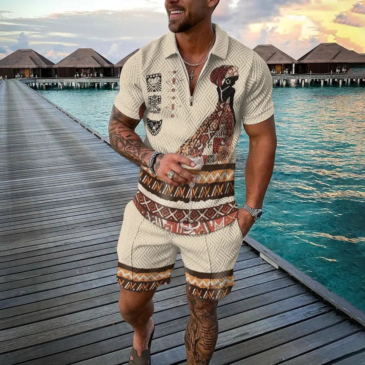 Vintage Men's Suit Zipper Polo Shirt Shorts Pants 2 Piece Set Coconut Tree Animal 3D Print Casual Men Tracksuit Ropa Barata by All Mart Bristol Ltd