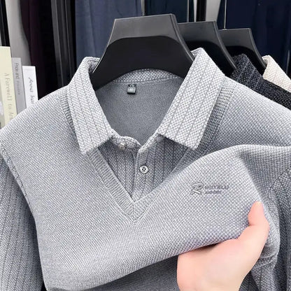 Mens Sweater Polo Collar Label Patchwork Stripes Plush Wool Liner Knitted Thickened Sweater Brand Luxury Print Thermo Menswear by All Mart Bristol Ltd