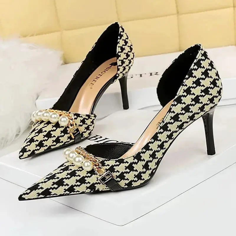 BIGTREE Shoes 2026 Spring Women Pumps Pearl Metal Chain High-heels Checked Grain Stilettos Women Heels Luxury Banquet Shoes 43 by All Mart Bristol Ltd