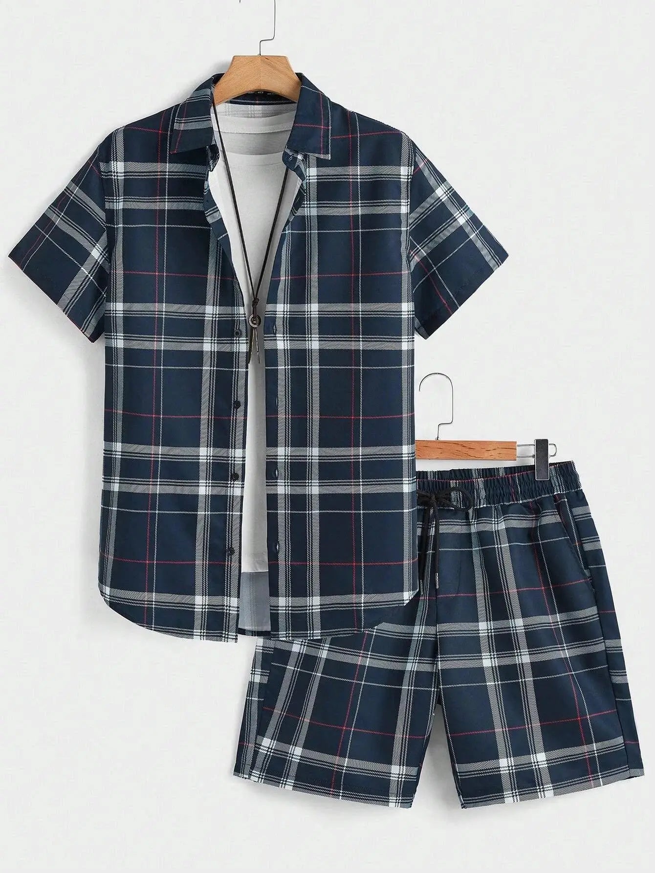 Street Casual Men's Suit Personalized Fashion Plaid Printed Pattern Short Sleeve Lapel Shirt and Shorts Men's Two Piece Set by All Mart Bristol Ltd