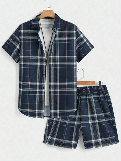 Street Casual Men's Suit Personalized Fashion Plaid Printed Pattern Short Sleeve Lapel Shirt and Shorts Men's Two Piece Set by All Mart Bristol Ltd