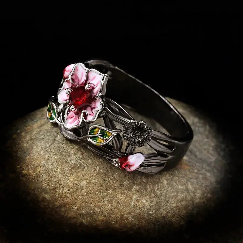 Exquisite Women's Jewelry Red Flower 925 Silver Ring Creative Elegant Women's Jewelry Attend Banquet Wedding Ring by All Mart Bristol Ltd