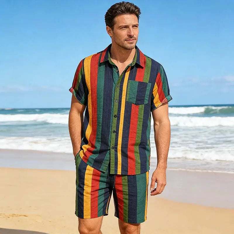 Men's Striped Tracksuit Streetwear Lapel Short Sleeve Shirts and Drawstring Shorts Casual Holiday Hawaiian 2 Piece Sets 2025 New by All Mart Bristol Ltd