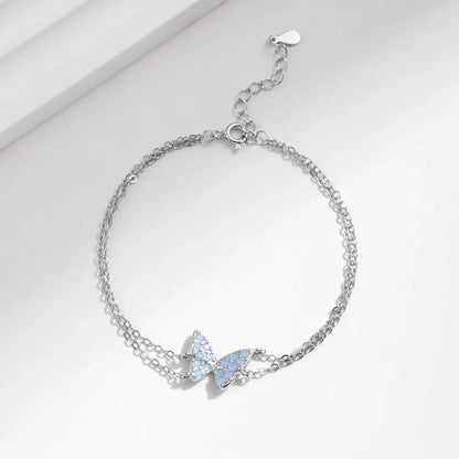 MODIAN Sweet Blue Opal Butterfly Bracelet 925 Sterling Silver Fashion Double Layer Link Chain Bracelets For Women Fine Jewelry by All Mart Bristol Ltd