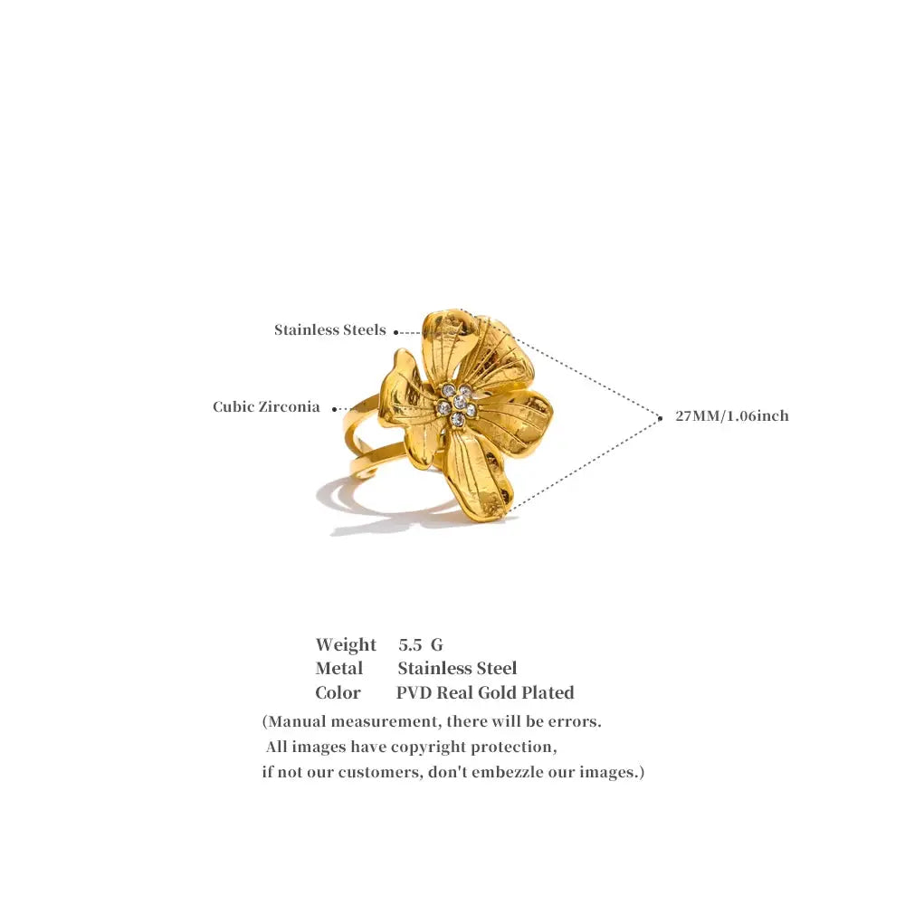 Yhpup Women's Adjustable Golden Flower Ring Rhinestone Stainless Steel Big Trending Finger Jewelry Accessories Gift by All Mart Bristol Ltd
