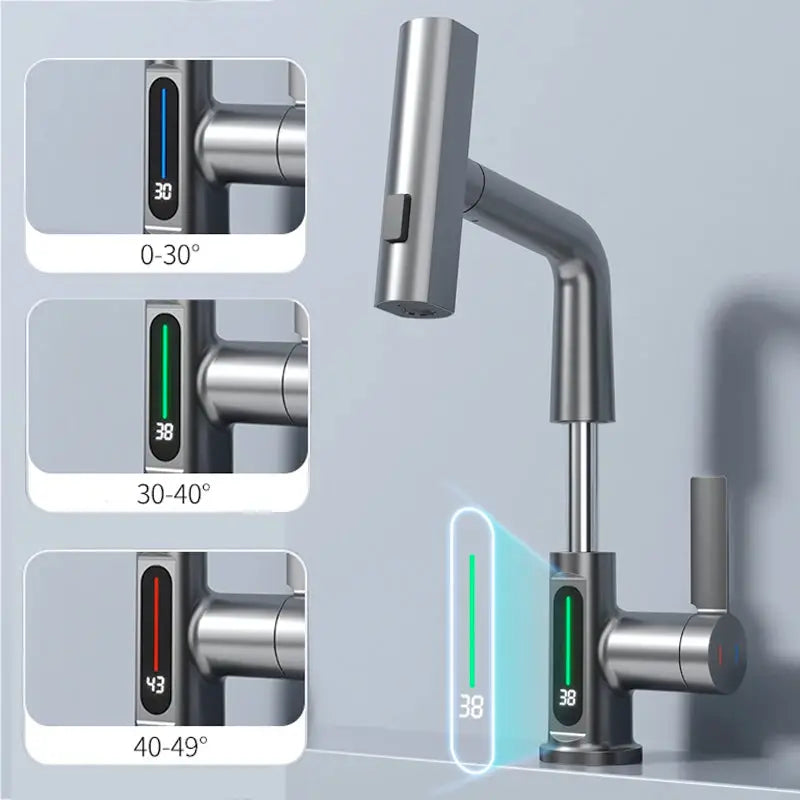 Waterfall Temperature Digital Display Basin Faucet Lift Up Down Stream Sprayer Hot Cold Water Sink Mixer Wash Tap For Bathroom by All Mart Bristol Ltd