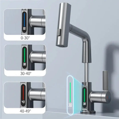 Waterfall Temperature Digital Display Basin Faucet Lift Up Down Stream Sprayer Hot Cold Water Sink Mixer Wash Tap For Bathroom by All Mart Bristol Ltd