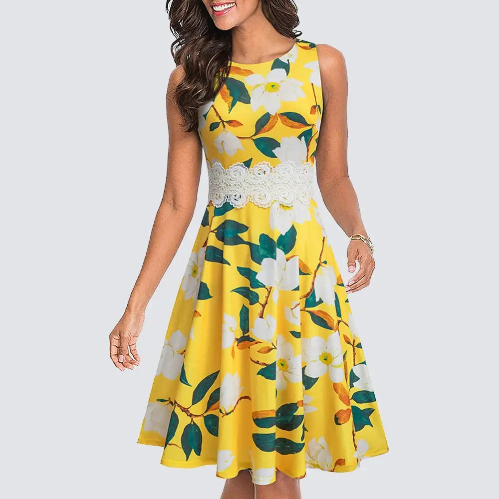 Women Vintage Casual Round Neck A line Summer Elegant Floral Lace Patchwork Sleeveless Tunic Party Swing Dress HA079 by All Mart Bristol Ltd