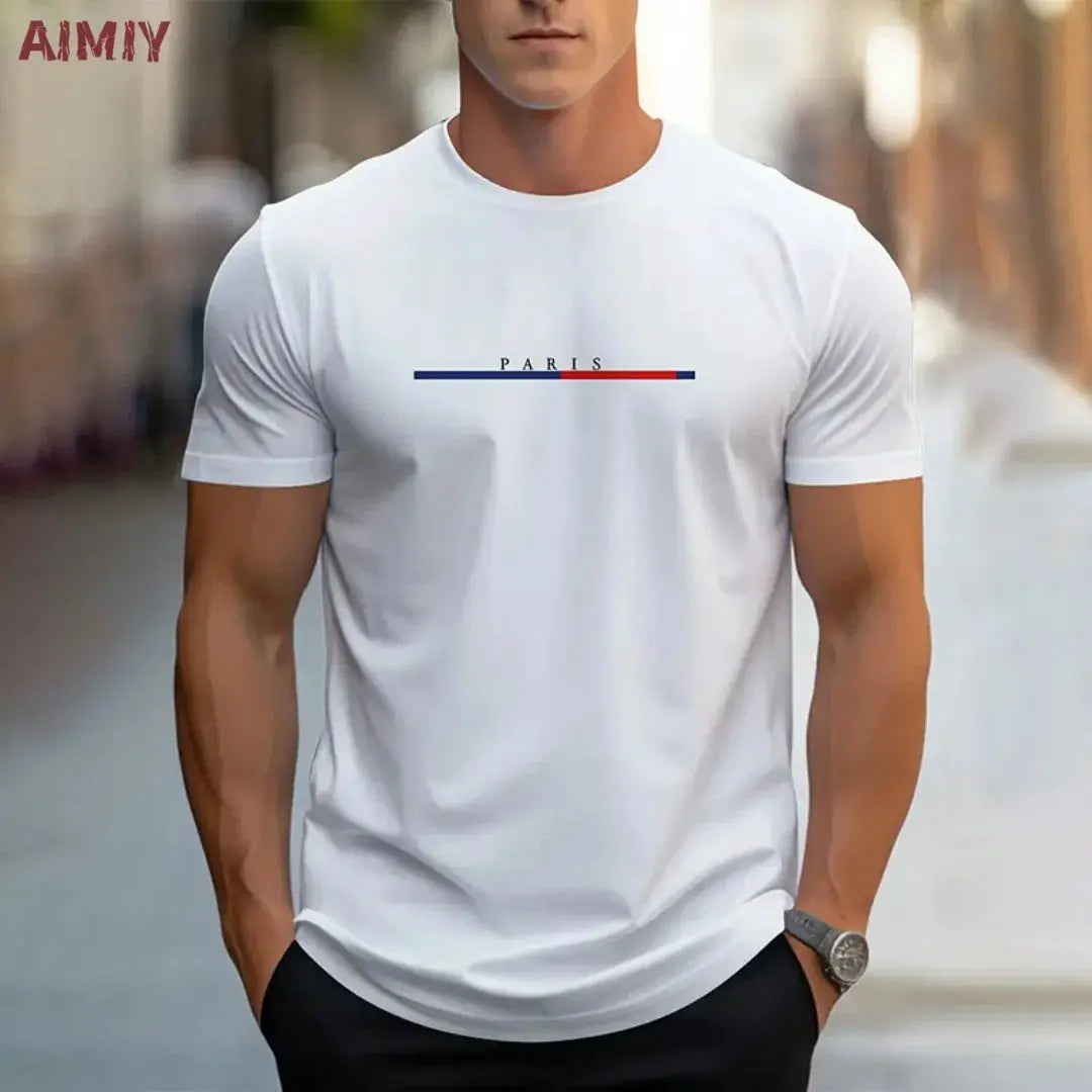 Summer Men's T-shirt Top Casual Loose Fit Oversized T-shirt PARI Letter Pattern Printed Round Neck Short Sleeved Homme Vêtement by All Mart Bristol Ltd