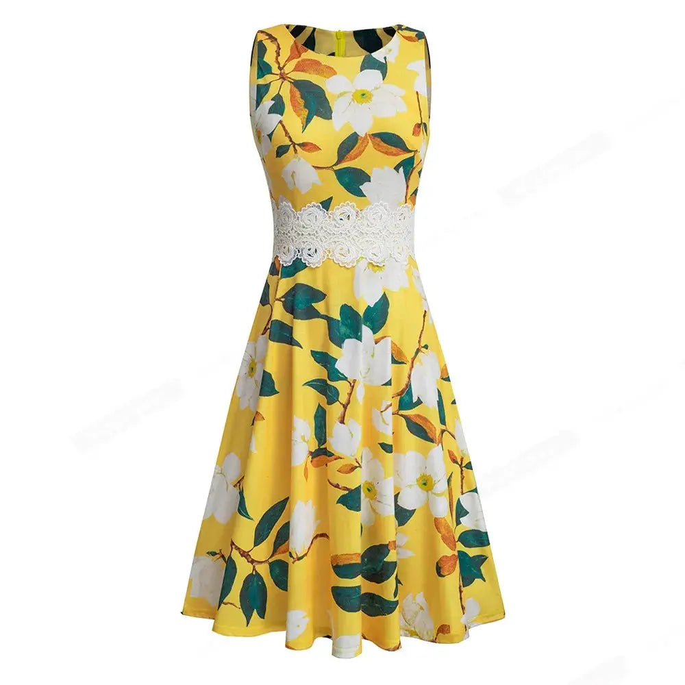 Women Vintage Casual Round Neck A line Summer Elegant Floral Lace Patchwork Sleeveless Tunic Party Swing Dress HA079 by All Mart Bristol Ltd