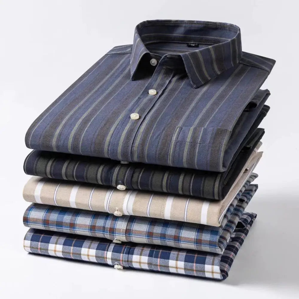 Men's Trendy Plaid Striped Lapel Collar Design Cotton Dress Shirts, Long Sleeve Casual Button Up Commuter Shirt For Spring/Fall by All Mart Bristol Ltd