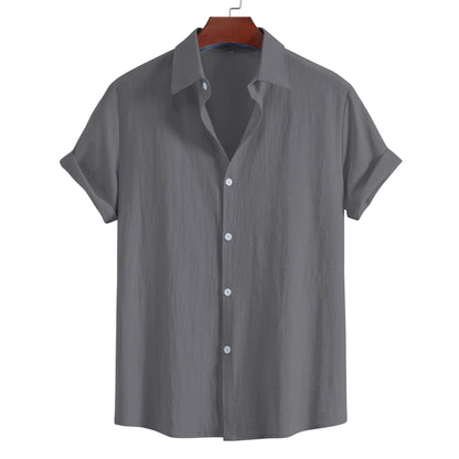 Men's Summer Lapel Short Sleeve Solid Color Button Cardigan, Fashionable Cotton Men's Shirt Tops by All Mart Bristol Ltd