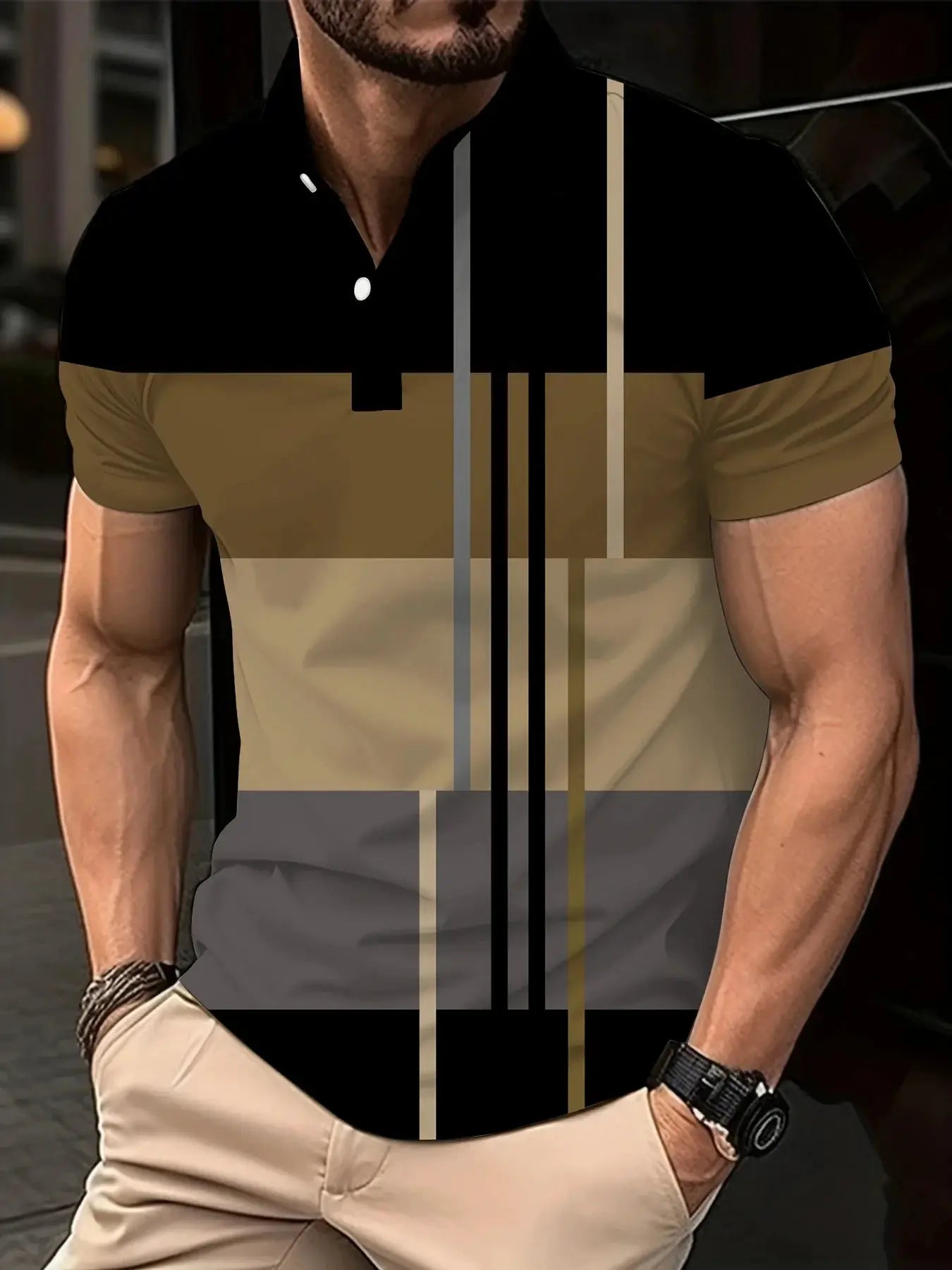 New Male Golf Stripe Polo Men's Casual Short-Sleeved Polo Shirt Solid Color Lapel Fashion Business Sports Breathable T-Shirt Top by All Mart Bristol Ltd