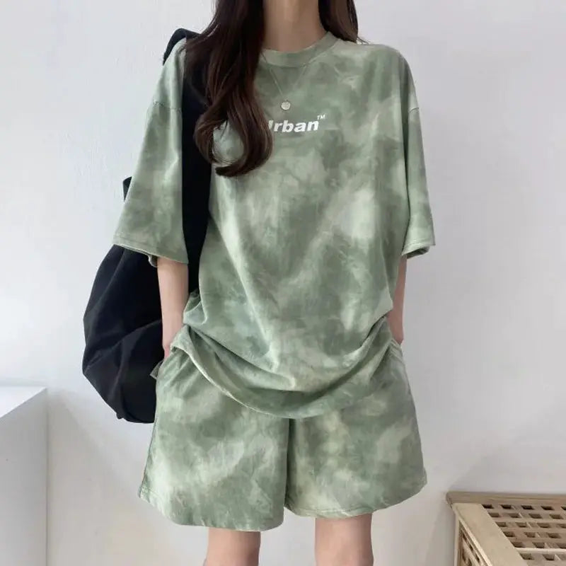 Women T-Shirt Shorts Suit Set Casual Tie Dye Loose tshirt and wide leg middle shorts with pockets female Soft Summer Shorts Sets by All Mart Bristol Ltd