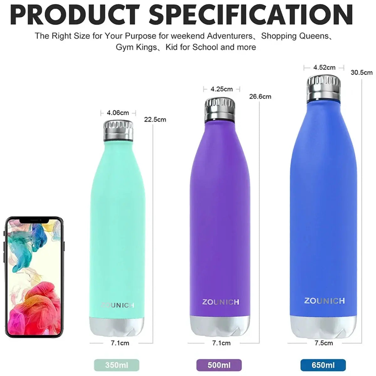 ZOUNICH 500ml Double-Wall Insulated Vacuum Flask Stainless Steel Water Bottle for Sport Water Bottles Portable Thermos Bottle by All Mart Bristol Ltd