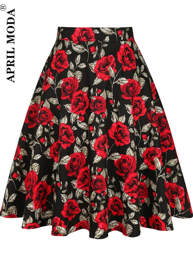 Women's Runway Cotton Retro Vintage Skirt Black Faldas High Waist A Line Rockabilly Jupe 50s Swing Umbrella Skirts Pin Up Skater by All Mart Bristol Ltd