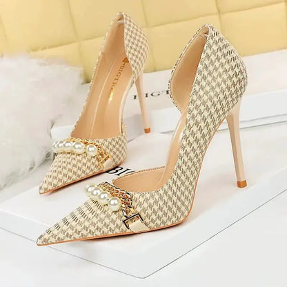 BIGTREE Shoes 2026 Spring Women Pumps Pearl Metal Chain High-heels Checked Grain Stilettos Women Heels Luxury Banquet Shoes 43 by All Mart Bristol Ltd