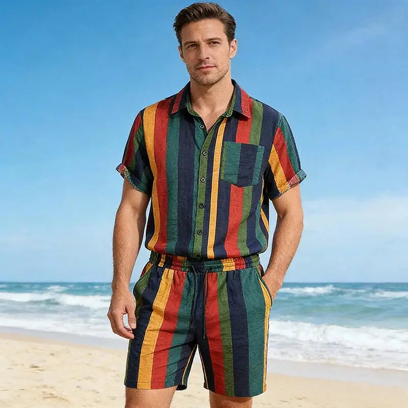 Men's Striped Tracksuit Streetwear Lapel Short Sleeve Shirts and Drawstring Shorts Casual Holiday Hawaiian 2 Piece Sets 2025 New by All Mart Bristol Ltd