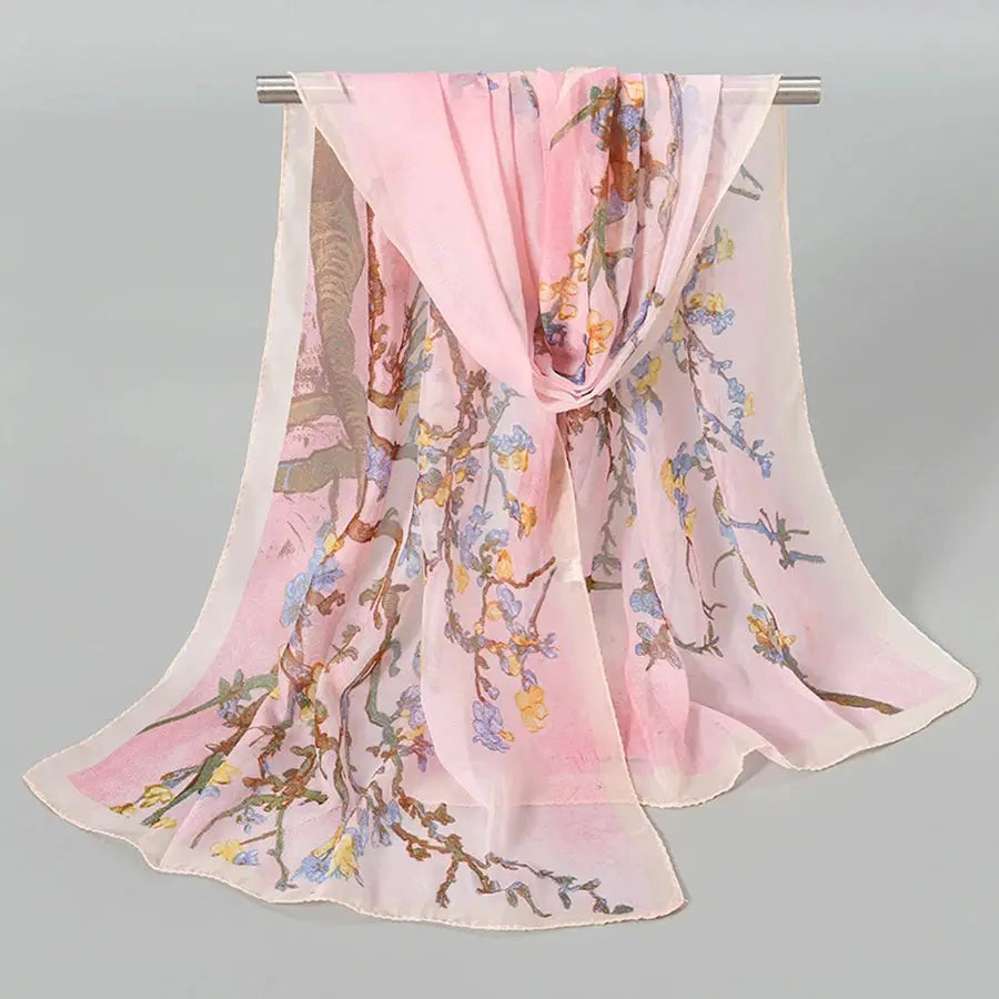 Plum Blossom Pattern Simulation Silk Scarf Women's Chiffon Scarf Long Gauze Scarf Sunscreen Shoulder Bag Headscarf by All Mart Bristol Ltd