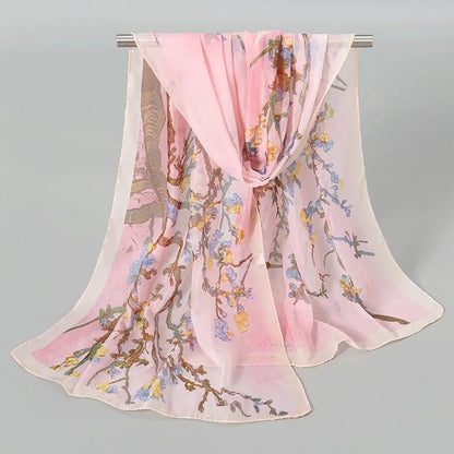 Plum Blossom Pattern Simulation Silk Scarf Women's Chiffon Scarf Long Gauze Scarf Sunscreen Shoulder Bag Headscarf by All Mart Bristol Ltd