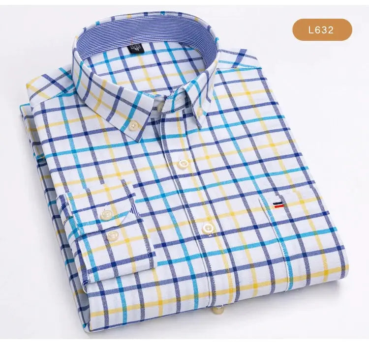 Men's Trendy Plaid Striped Lapel Collar Design Cotton Dress Shirts, Long Sleeve Casual Button Up Commuter Shirt For Spring/Fall by All Mart Bristol Ltd