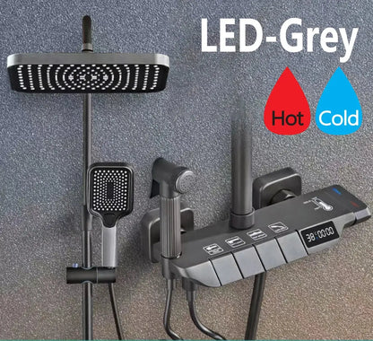 Grey Shower System Set Bathroom Digital LED Rain Showers Faucet Brass Bath Thermostat Rainfall Shower 4 Way with Bidet Taps Sets by All Mart Bristol Ltd