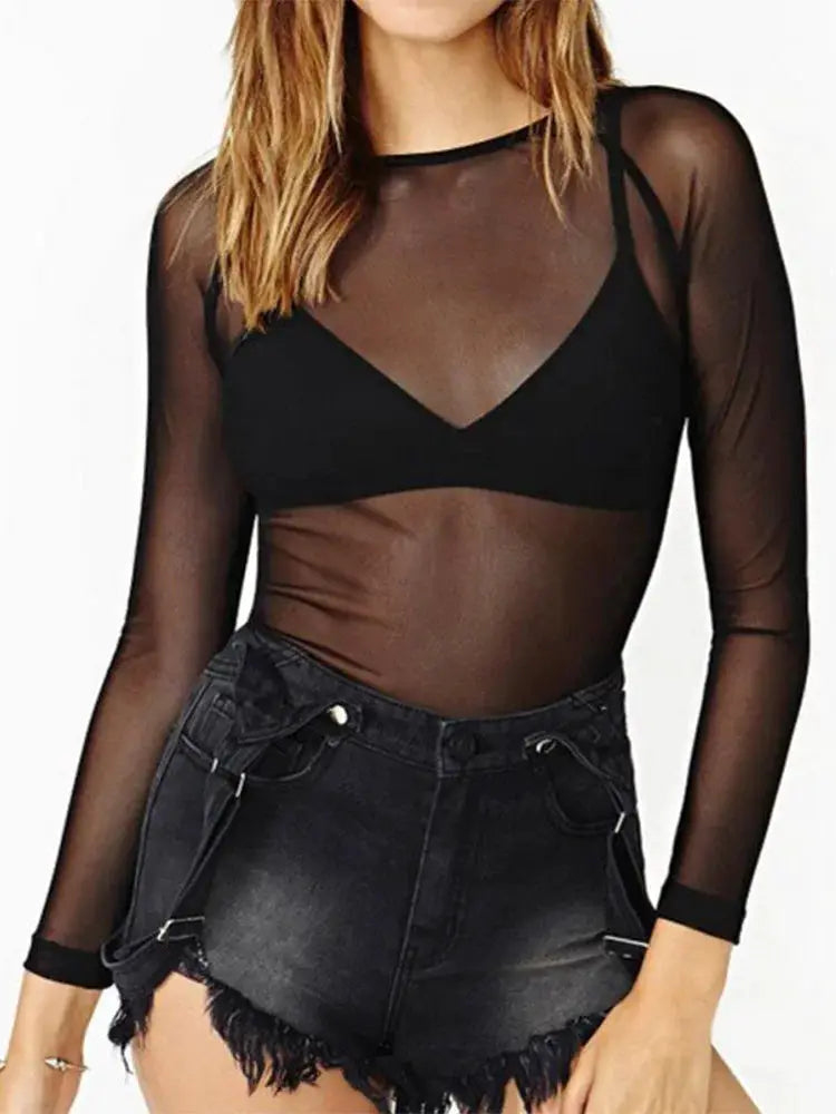 Hot New 2025 Spring Summer Womens Long Sleeve Sexy Black Mesh Top T Shirts Transparent Punk Club Streetwear Tees Beach Tops by All Mart Bristol Ltd