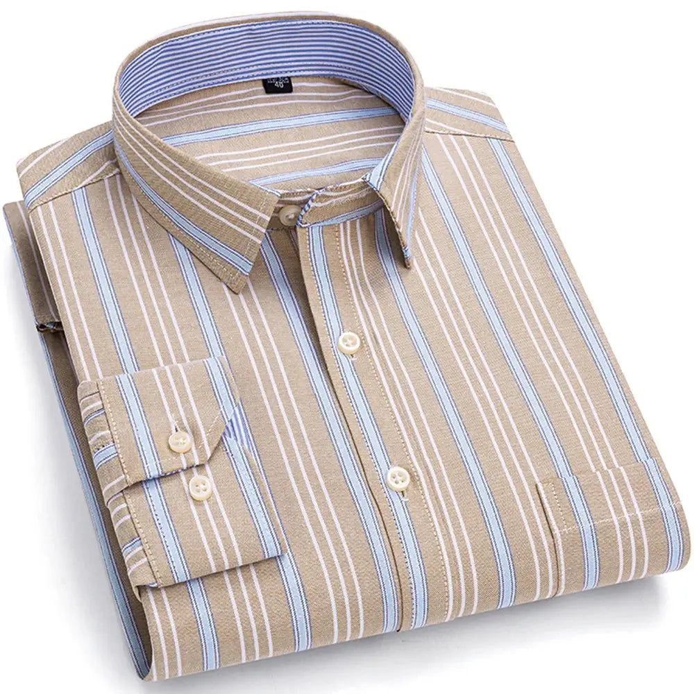 Men's Trendy Plaid Striped Lapel Collar Design Cotton Dress Shirts, Long Sleeve Casual Button Up Commuter Shirt For Spring/Fall by All Mart Bristol Ltd