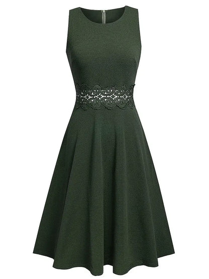 Women Vintage Casual Round Neck A line Summer Elegant Floral Lace Patchwork Sleeveless Tunic Party Swing Dress HA079 by All Mart Bristol Ltd