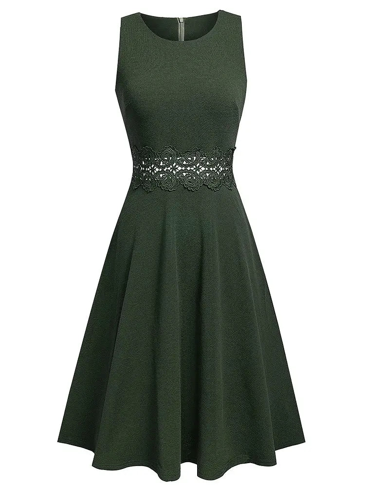 Women Vintage Casual Round Neck A line Summer Elegant Floral Lace Patchwork Sleeveless Tunic Party Swing Dress HA079 by All Mart Bristol Ltd