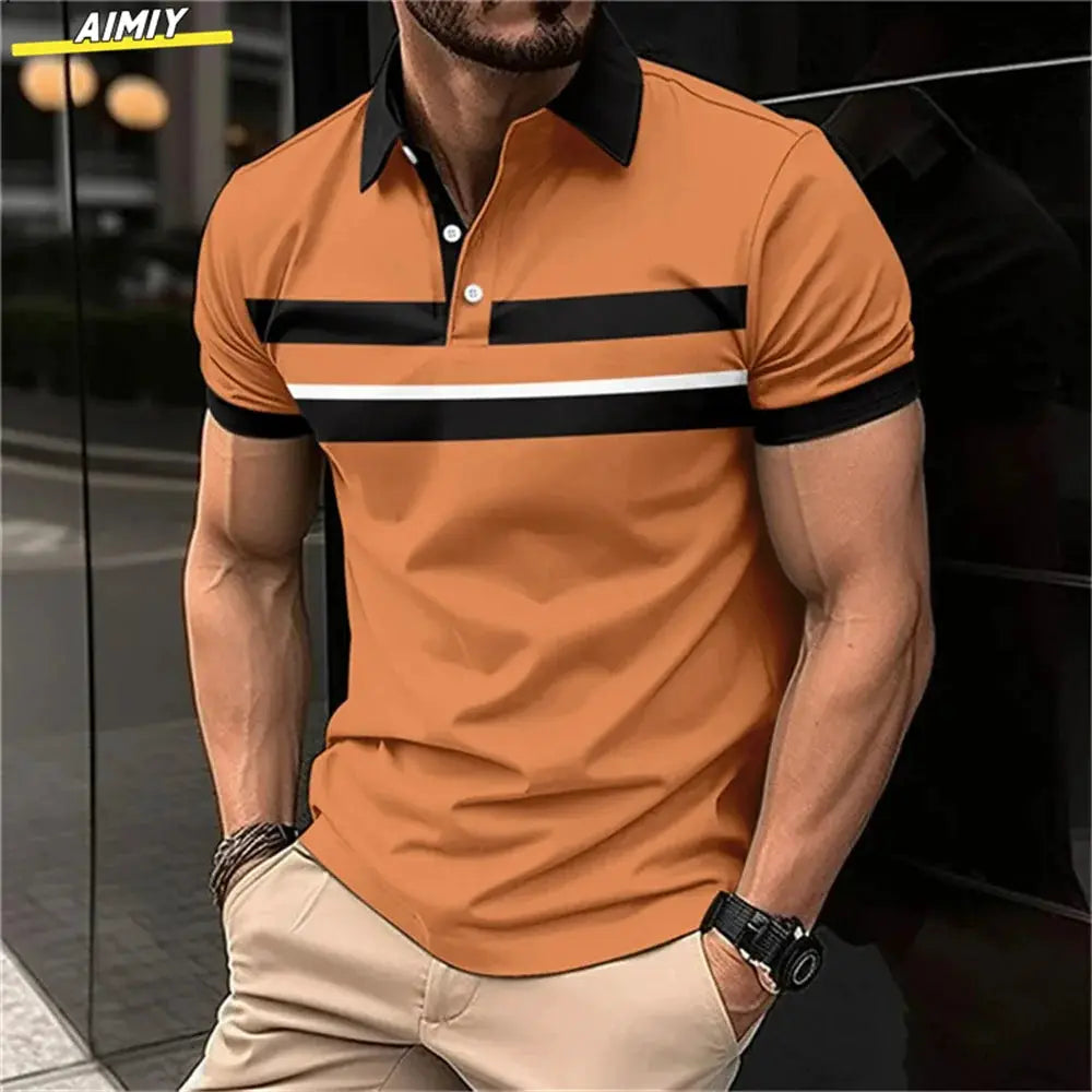 New Male Golf Stripe Polo Men's Casual Short-Sleeved Polo Shirt Solid Color Lapel Fashion Business Sports Breathable T-Shirt Top by All Mart Bristol Ltd