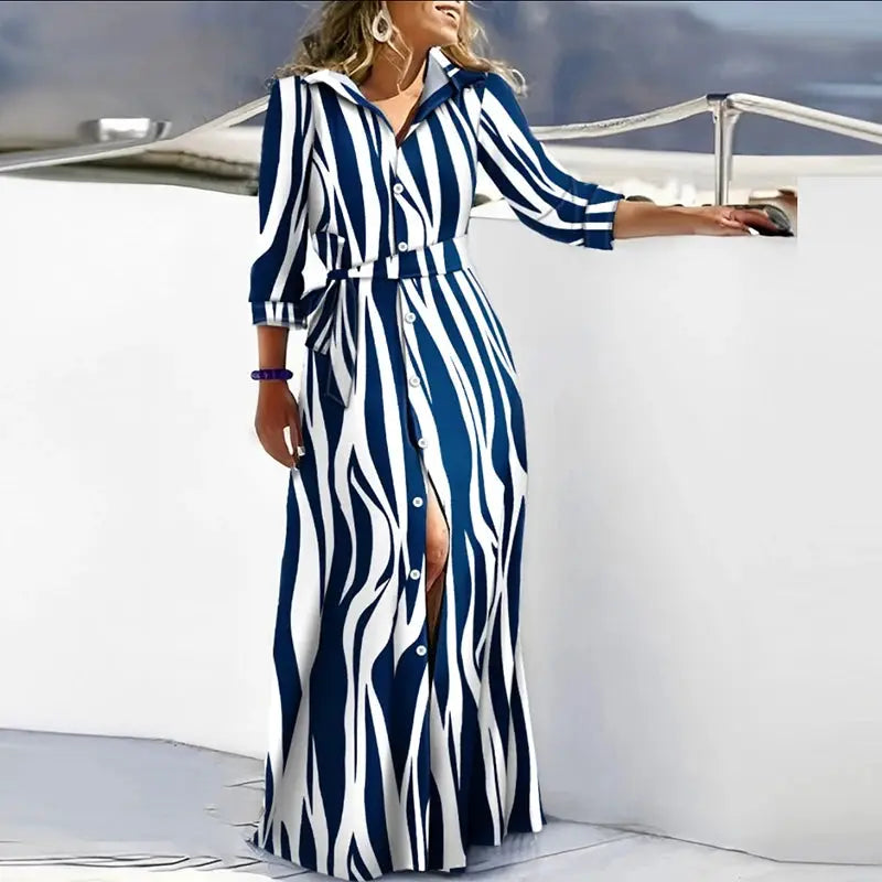 Autumn Shirt Dress Women Elegant Turn Down Collar Button Long Dress Women Fashion Striped Print Party Dress 2023 by All Mart Bristol Ltd
