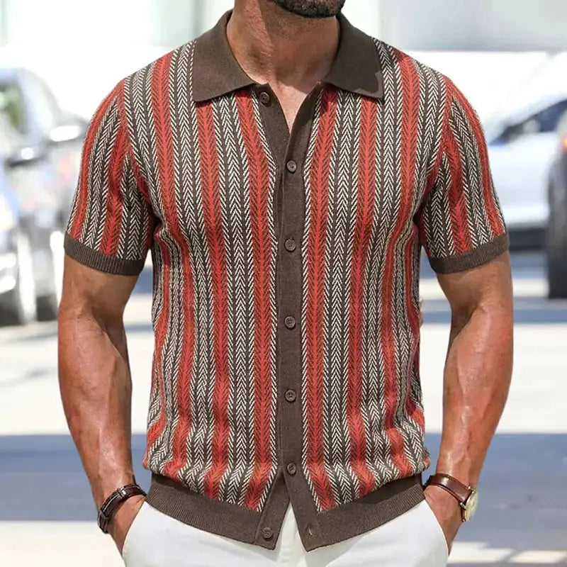 Summer Men Knitted Cardigan Short Sleeve Striped Shirts Fashion Jacquarded Blouse American Retro Premium Quality Knitwear M-3XL by All Mart Bristol Ltd